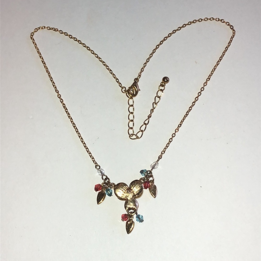 Gold Tone Multi-Color Floral Crystal Drop Pendant Necklace - Picture 4 of 4